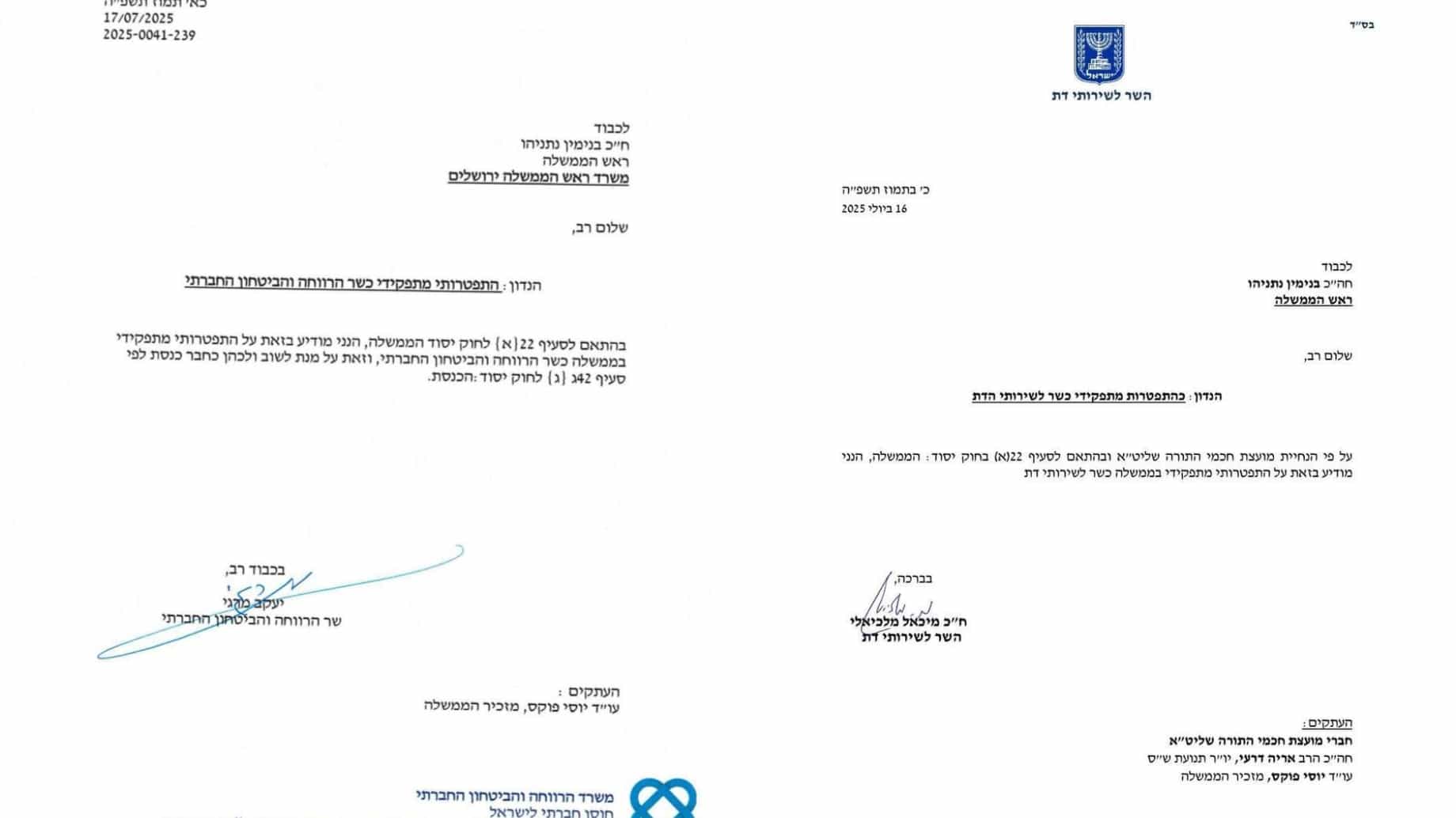 "בהתאם להחלטת גדולי התורה" | שרי מפלגת ש"ס מגישים את התפטרותם אך נשארים בקואליציה