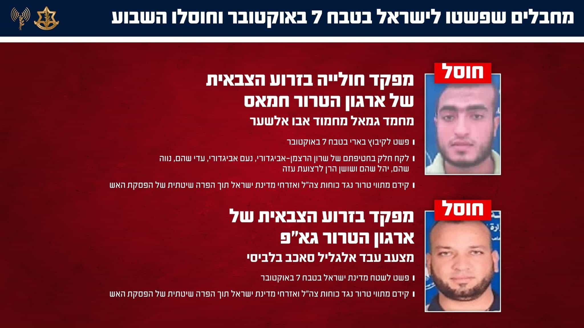 צה"ל חיסל שני מחבלים שלקחו חלק בטבח 7 באוקטובר: אחד מהם השתתף בחטיפת בני משפחת אביגדורי ושהם מבארי