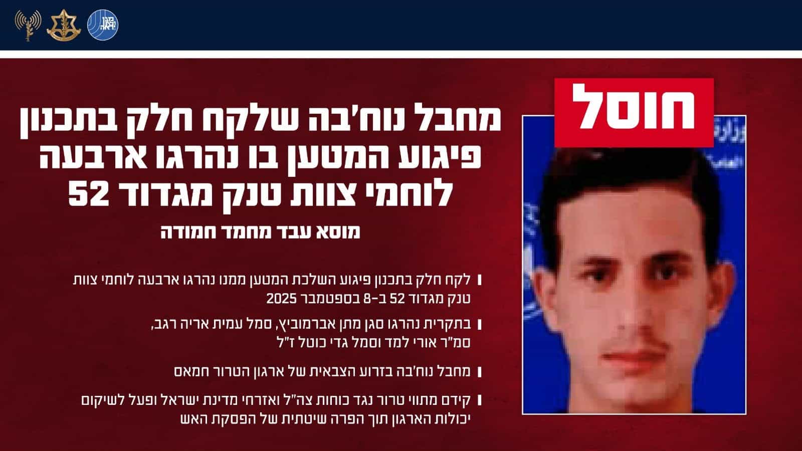 חוסל מחבל נוח'בה שהשתתף בתכנון הפיגוע שבו נפלו ארבעה לוחמי צוות טנק מגדוד 52