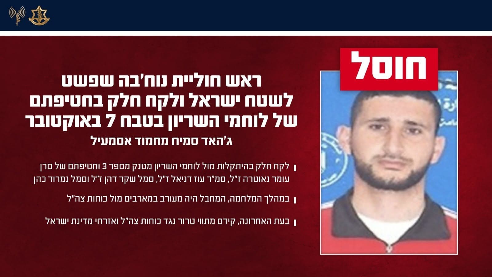 כוחותינו חיסלו ראש חוליית נוח'בה שלקח חלק בחטיפתם של לוחמי השריון בשבעה באוקטובר