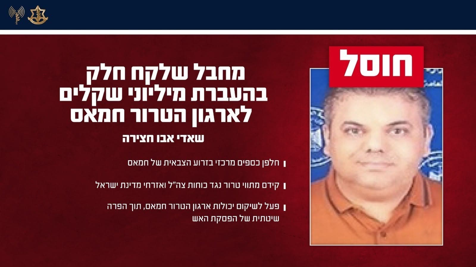 העביר עשרות מיליוני שקלים לחמאס וקידם טרור: כוחותינו חיסלו את חלפן הכספים המרכזי | צפו