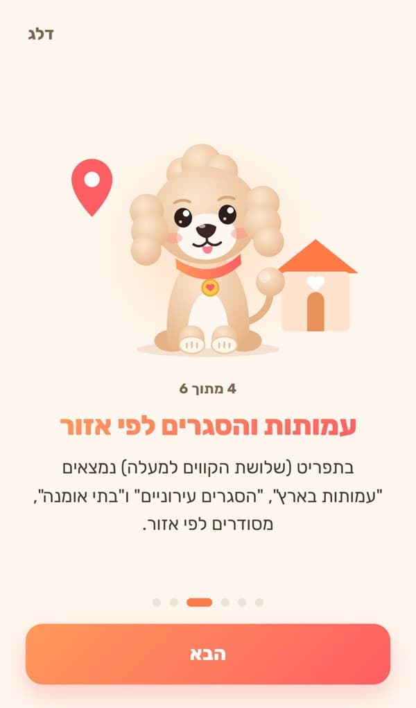 מסך ההדרכה של Dogs4u: עמותות והסגרים לפי אזור